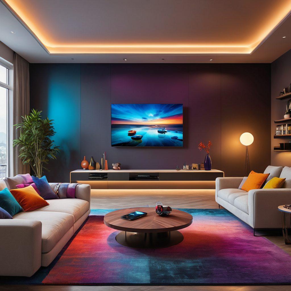 A futuristic living room filled with various entertainment devices, featuring a sleek smart TV displaying vibrant streaming content, a cozy couch adorned with colorful cushions, and elements like VR headsets and sound systems in the background. Incorporate a digital data stream motif to symbolize cable services and innovations. The overall atmosphere should be bright and inviting, showcasing the evolution of home entertainment. super-realistic. vibrant colors. modern design.