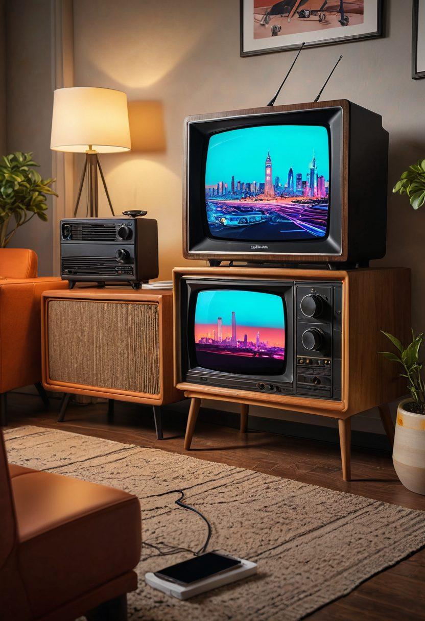 A dynamic split-screen illustration showcasing the evolution of home entertainment, featuring a vintage television with antennas transforming into a sleek smart TV displaying various streaming apps. Include iconic symbols of cable TV on one side and modern streaming devices on the other, surrounded by vibrant digital graphics illustrating innovation. The background transitions from a retro living room to a futuristic setting. super-realistic. vibrant colors. cinematic lighting.