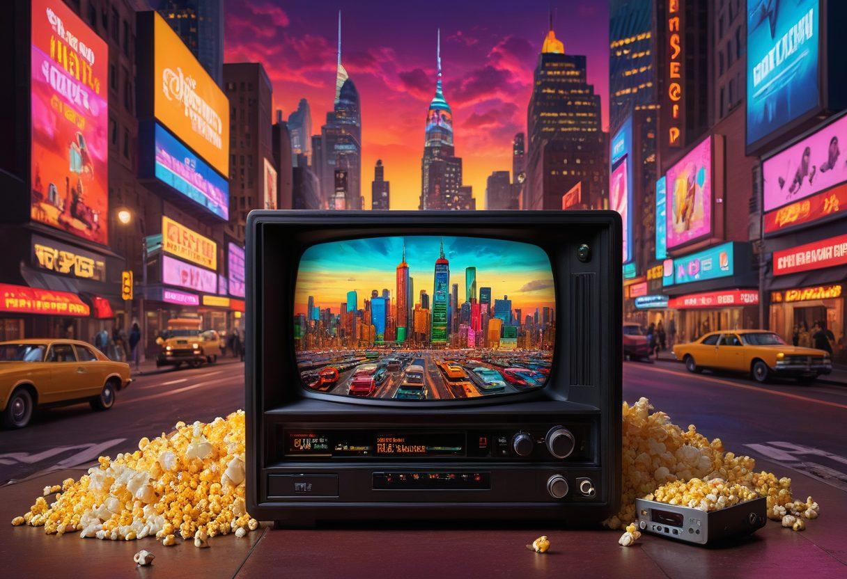 A dynamic showdown scene between a vintage cable box and a sleek streaming device, surrounded by iconic symbols of entertainment like film reels, TV antennas, and streaming icons. The background features a colorful skyline of cities representing different media markets. Add an explosion of popcorn and digital pixels to emphasize the clash of traditional and modern media. vibrant colors. super-realistic. 3D.
